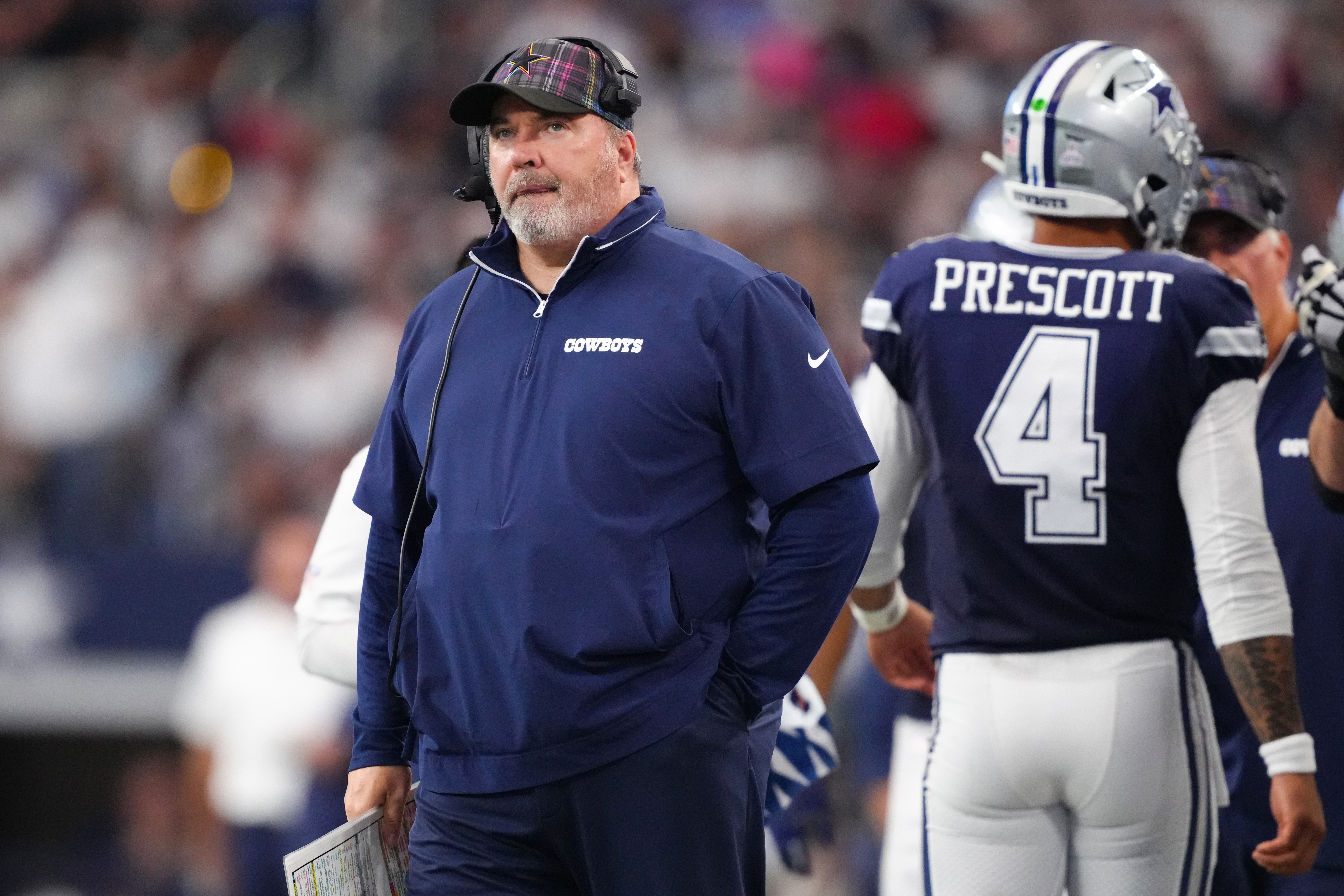 Dallas Cowboys head coach Mike McCarthy looks on during the second quarter of a game against the Detroit Lions at AT&amp;T Stadium on October 13, 2024 in Arlington, Texas.